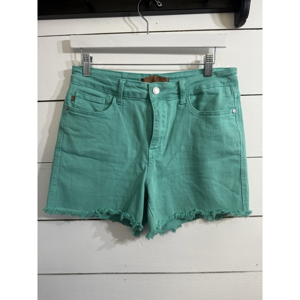 Judy Blue Jean Shorts Womens L Teal Cut Off Everyday Stretch Denim Garment Dyed‎